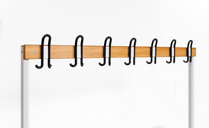 Furni24 Einseitige Umkleidesitzbank 150x43x170 cm mit 4 Füßen ohne Schuhrost, Garderobe mit lackierter Hartholz-Sitzbank und Stahlrahmen, Umkleidebank mit Hakenleiste, 7 Haken, TÜV/GS getestet