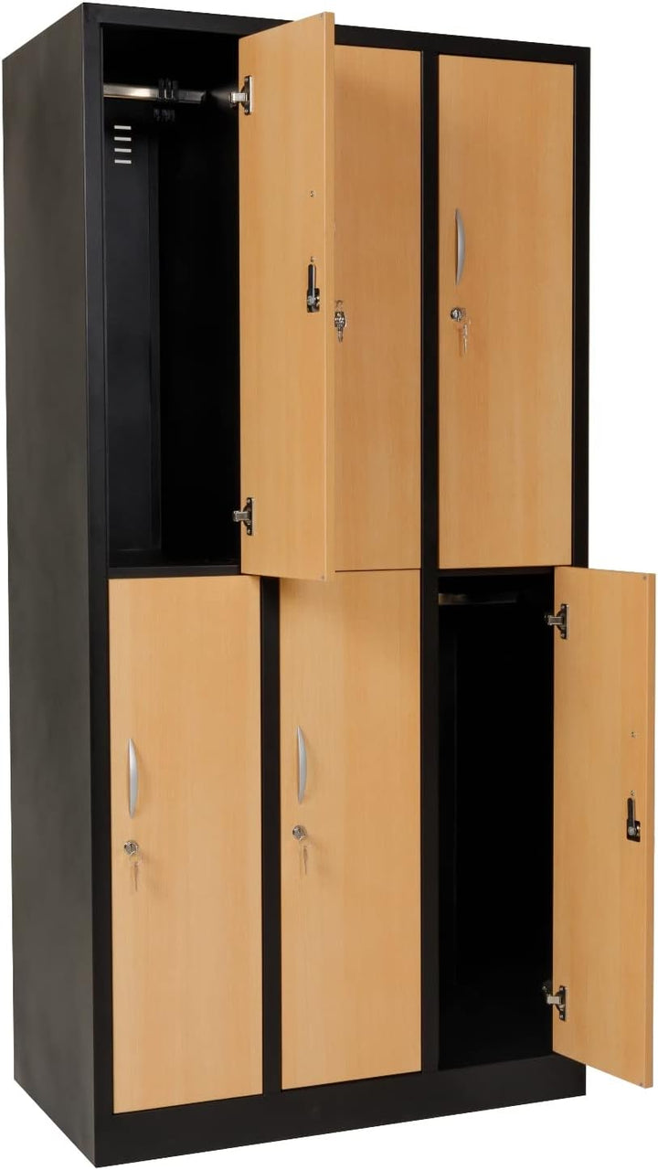 Furni24 Garderobenschrank Schließfach Spind Umkleideschrank Kleiderschrank Abteilbreite 30 cm 6-türig fertig montiert Verschiedene Ausführungen verfügbar, 180 cm x 90 cm x 50 cm / schwarz / Buche RAL 9005