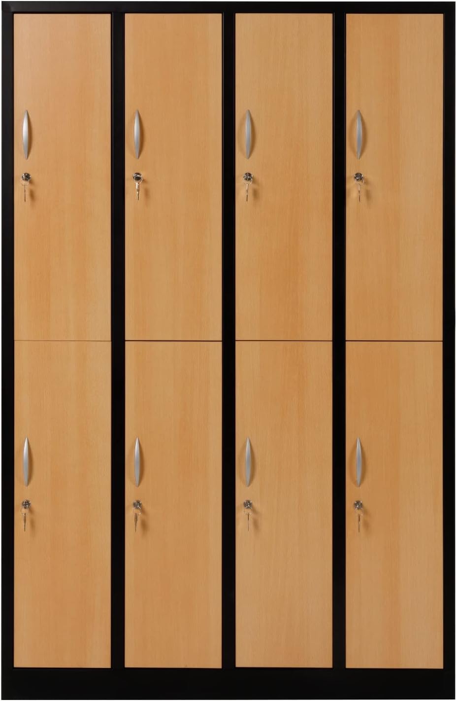 Furni24 Garderobenschrank Schließfach Spind Umkleideschrank Kleiderschrank Abteilbreite 30 cm 8-türig fertig montiert Verschiedene Ausführungen verfügbar, Schwarz / Buche Ral 9005