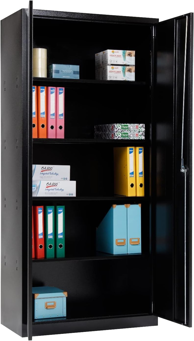 Furni24 Aktenschrank, fertig montiert, 195x92x42cm, Stahlflügeltürschrank Materialschrank, Abschließbarer Spind, Aktenschrank mit 5 Fächern, Werkzeugschrank, Mehrzweckschrank, Universalschrank,schwarz