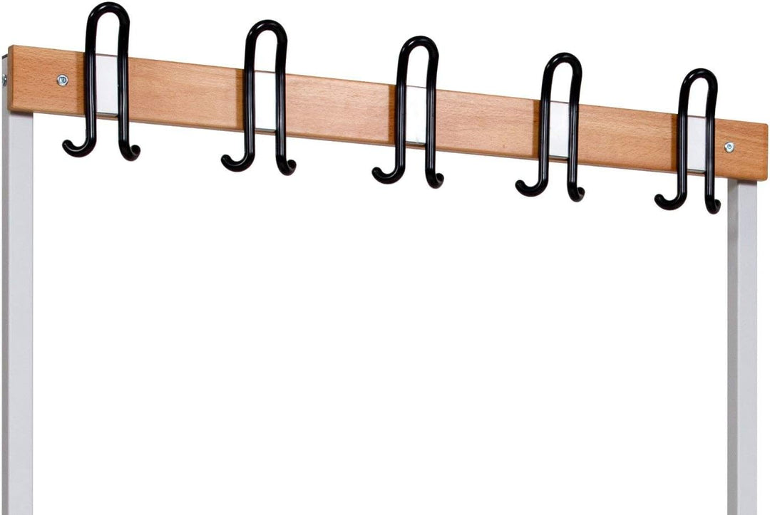 Furni24 Einseitige Umkleidesitzbank 100 x 43 x 170 cm mit 4 Füßen ohne Schuhrost, Garderobe mit lackierter Hartholz-Sitzbank und Stahlrahmen, Umkleidebank mit Hakenleiste, 5 Haken, TÜV/GS getestet