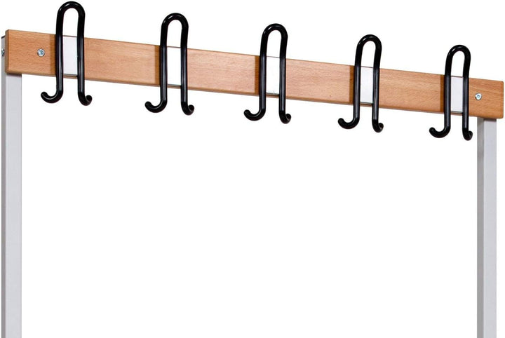 Furni24 Einseitige Umkleidesitzbank 100 x 43 x 170 cm mit 4 Füßen ohne Schuhrost, Garderobe mit lackierter Hartholz-Sitzbank und Stahlrahmen, Umkleidebank mit Hakenleiste, 5 Haken, TÜV/GS getestet
