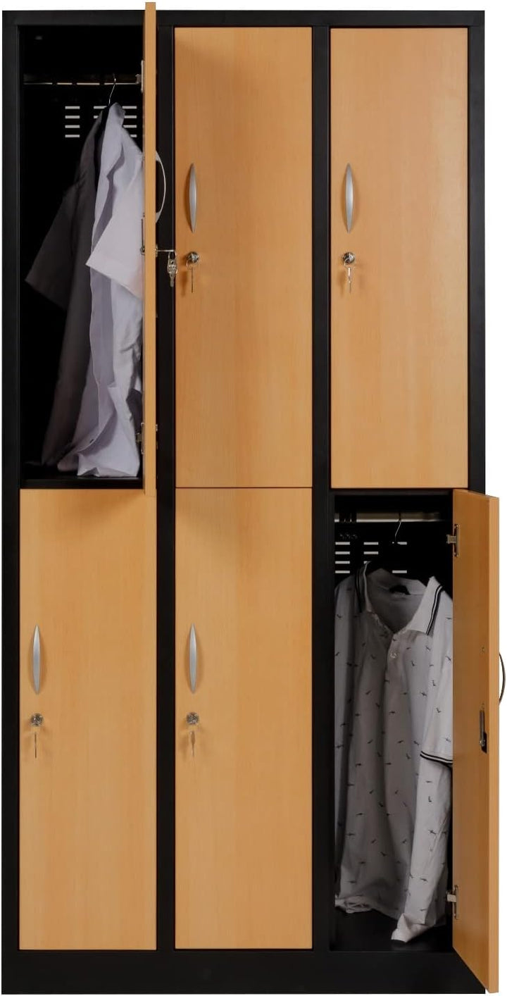 Furni24 Garderobenschrank Schließfach Spind Umkleideschrank Kleiderschrank Abteilbreite 30 cm 6-türig fertig montiert Verschiedene Ausführungen verfügbar, 180 cm x 90 cm x 50 cm / schwarz / Buche RAL 9005