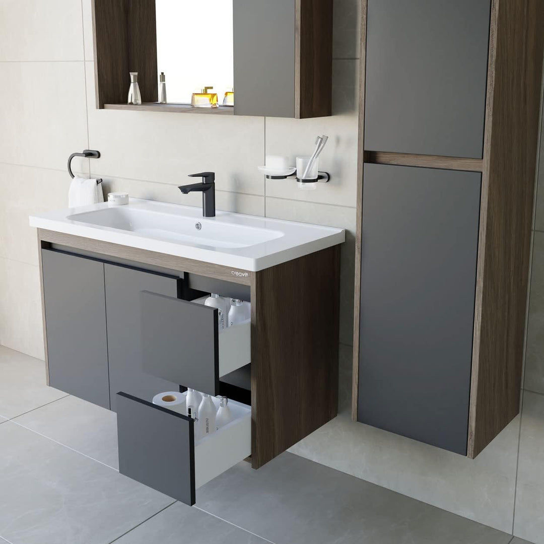 Furni24 Badezimmer Badmöbel Set 60 cm Anthrazit -Waschbecken 60cm Keramik- Unterschrank Waschtisch Möbel, LED-Hintergrundbeleuchtung, einschließlich Waschtischmischer und Wasserhahn-Sets