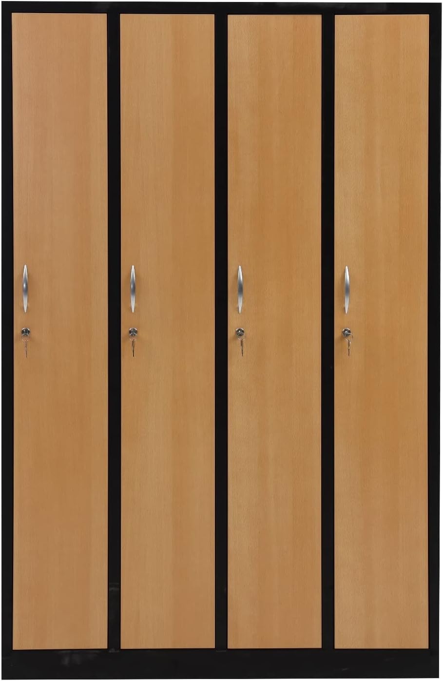 Furni24 Garderobenschrank 120x50x180 Garderobenspind Umkleidespind Spind Schrank Kleiderschrank Abschließbar schwarz/buche 4 türig 30cm Abteilbreite fertig montiert Verschiedene Ausführungen verfügbar