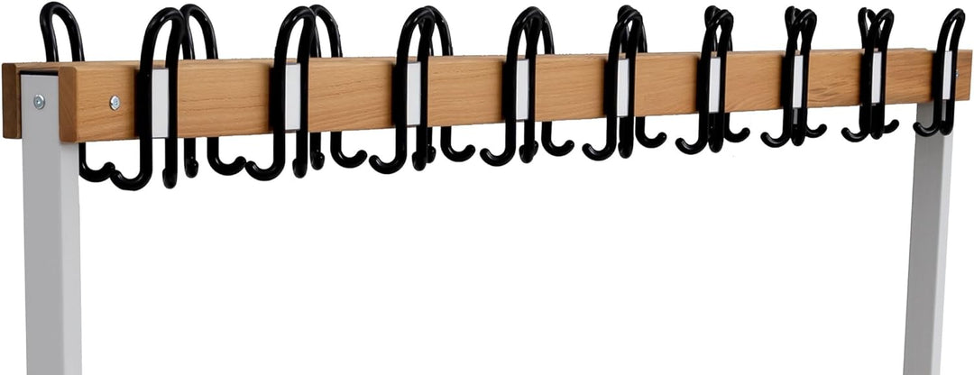 Furni24 Doppelseitige Umkleidesitzbank 200x43x170 cm mit 6 Füßen ohne Schuhrost, Garderobe mit lackierter Hartholz-Sitzbank und Stahlrahmen, Umkleidebank mit Hakenleiste, 18 Haken, TÜV/GS getestet