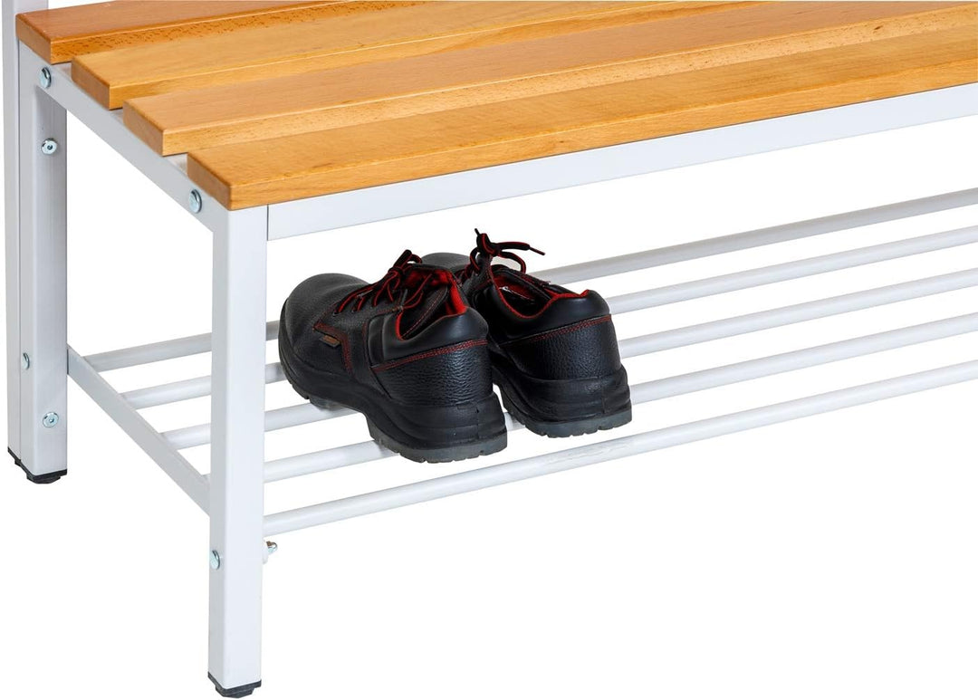Furni24 Bank Umkleidebank, 150x42x40 cm, Sitzbank für Umkleideräume mit Schuhrost, Umkleidesitzbank, Umkleidebank, Garderobenbank, Sportbank, Bank mit Echtholz für Fitnessstudio