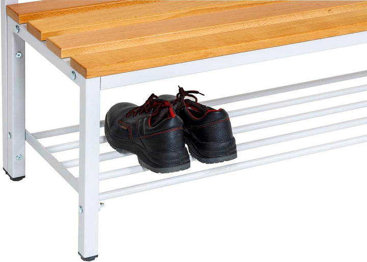 Furni24 Bank Umkleidebank, 150x42x40 cm, Sitzbank für Umkleideräume mit Schuhrost, Umkleidesitzbank, Umkleidebank, Garderobenbank, Sportbank, Bank mit Echtholz für Fitnessstudio