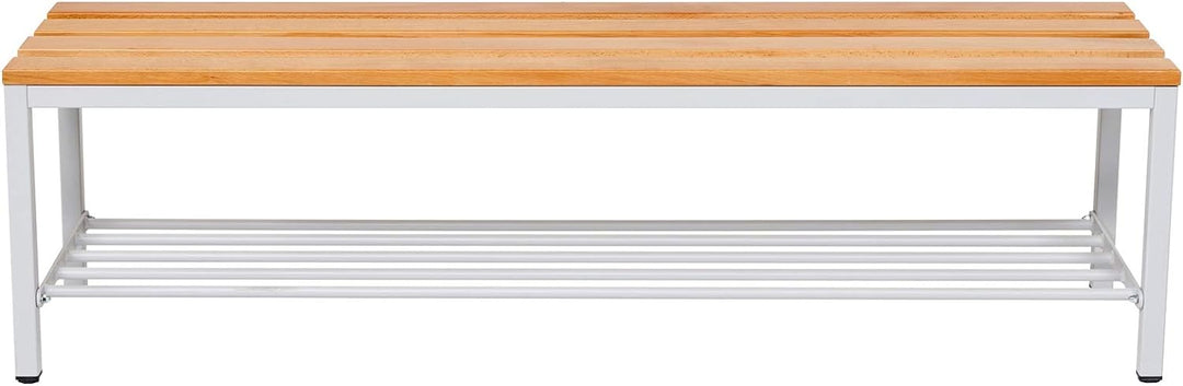 Furni24 Bank Umkleidebank, 150x42x40 cm, Sitzbank für Umkleideräume mit Schuhrost, Umkleidesitzbank, Umkleidebank, Garderobenbank, Sportbank, Bank mit Echtholz für Fitnessstudio
