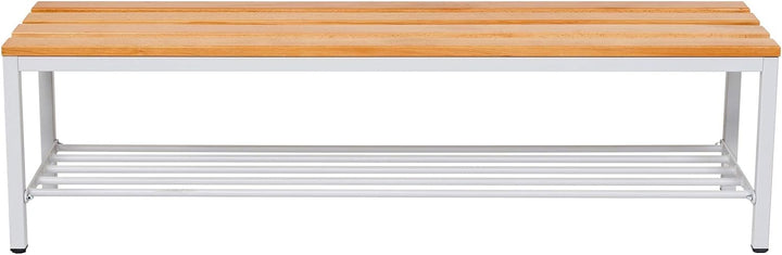 Furni24 Bank Umkleidebank, 150x42x40 cm, Sitzbank für Umkleideräume mit Schuhrost, Umkleidesitzbank, Umkleidebank, Garderobenbank, Sportbank, Bank mit Echtholz für Fitnessstudio