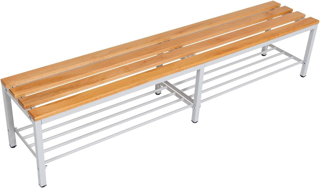 Furni24 Bank Umkleidebank, 200x42x40 cm, Sitzbank für Umkleideräume mit Schuhrost, Umkleidesitzbank, Umkleidebank, Garderobenbank, Sportbank, Bank mit Echtholz für Fitnessstudio