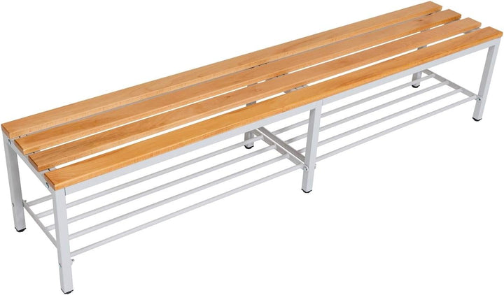 Furni24 Bank Umkleidebank, 200x42x40 cm, Sitzbank für Umkleideräume mit Schuhrost, Umkleidesitzbank, Umkleidebank, Garderobenbank, Sportbank, Bank mit Echtholz für Fitnessstudio