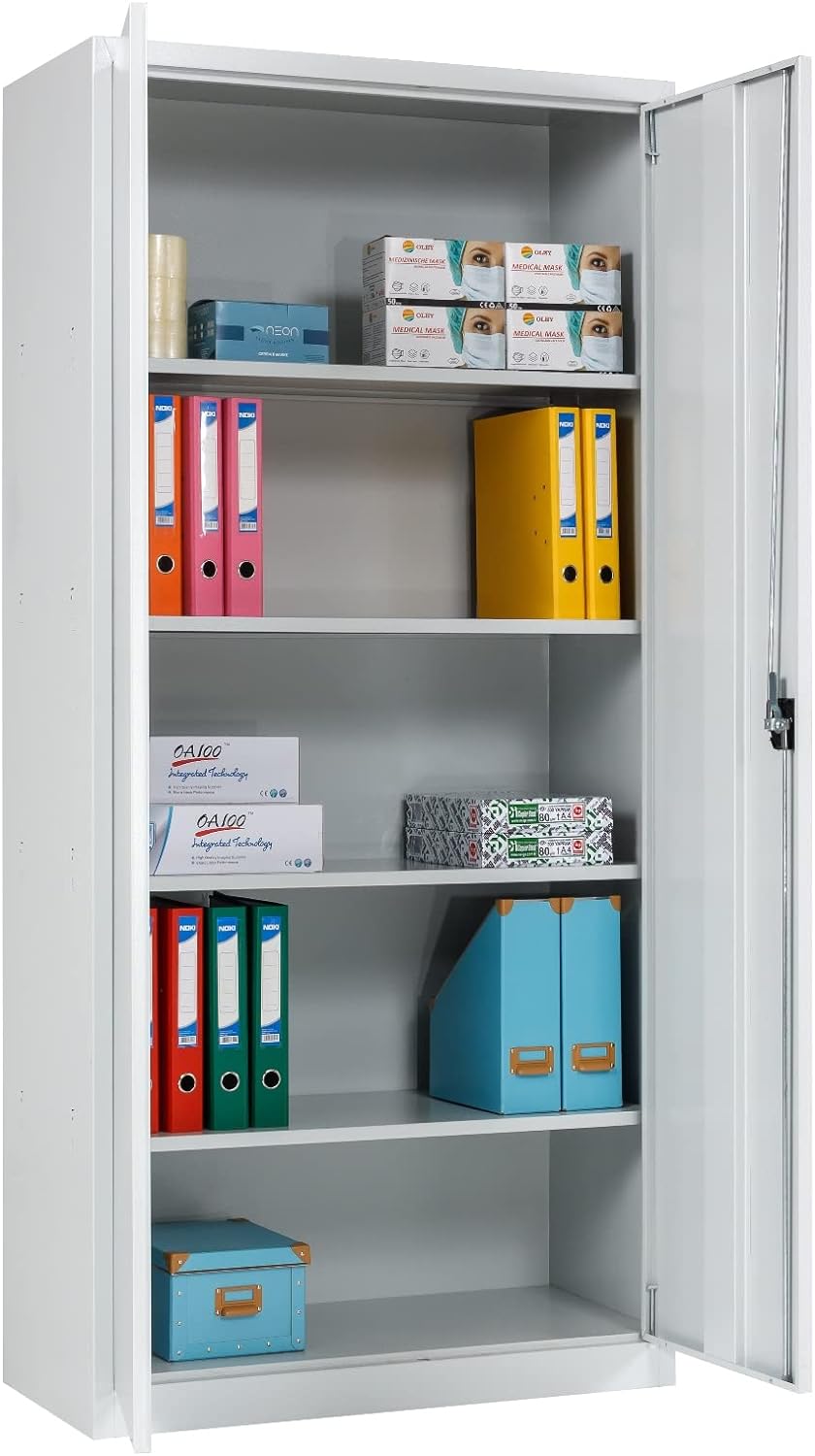 Furni24 Aktenschrank, fertig montiert, 195x120x42cm, Stahlflügeltürschrank Materialschrank, Abschließbarer Spind, Aktenschrank mit 5 Fächern, Werkzeugschrank, Mehrzweckschrank, Universalschrank, grau