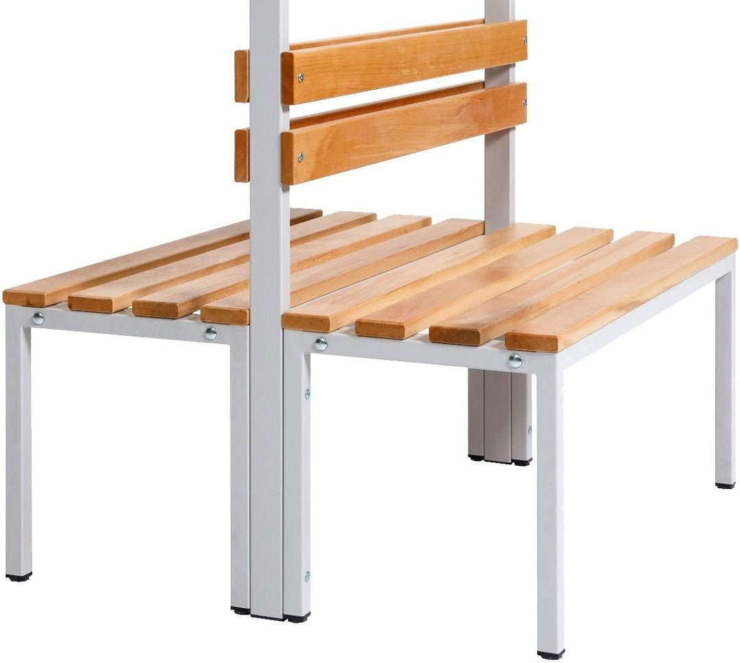 Furni24 Doppelseitige Umkleidesitzbank 150x43x170 cm mit 4 Füßen ohne Schuhrost, Garderobe mit lackierter Hartholz-Sitzbank und Stahlrahmen, Umkleidebank mit Hakenleiste, 14 Haken, TÜV/GS getestet
