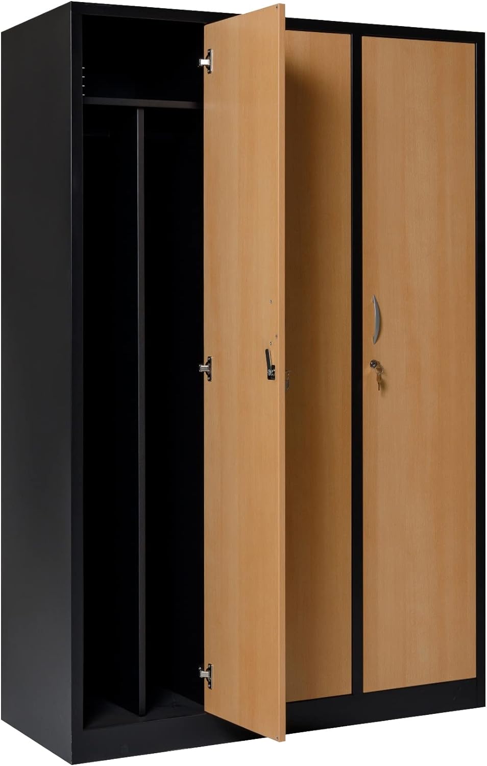 Garderobenschrank Abteilbreite 40 cm ganze Türen mit schwarz/weiß Trennung, 180 cm x 120 cm x 50 cm / schwarz / Buche RAL 9005