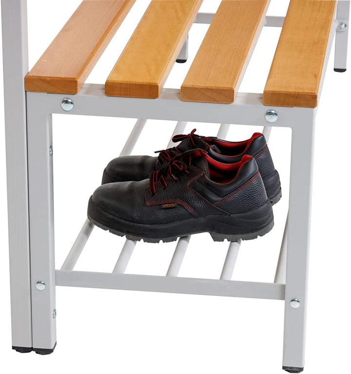 Furni24 Umkleidebank 200 cm x 170 cm x 43 cm Sitzbank Garderobenbank Sportbank einseitig mit Garderobenhaken und Schuhrost