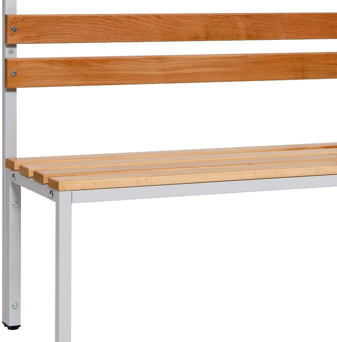 Furni24 Einseitige Umkleidesitzbank 100 x 43 x 170 cm mit 4 Füßen ohne Schuhrost, Garderobe mit lackierter Hartholz-Sitzbank und Stahlrahmen, Umkleidebank mit Hakenleiste, 5 Haken, TÜV/GS getestet