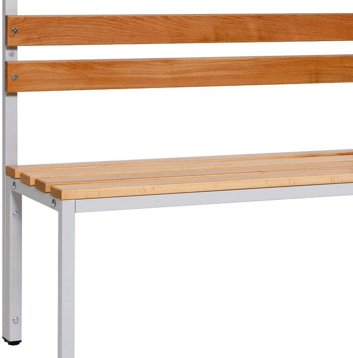 Furni24 Einseitige Umkleidesitzbank 100 x 43 x 170 cm mit 4 Füßen ohne Schuhrost, Garderobe mit lackierter Hartholz-Sitzbank und Stahlrahmen, Umkleidebank mit Hakenleiste, 5 Haken, TÜV/GS getestet