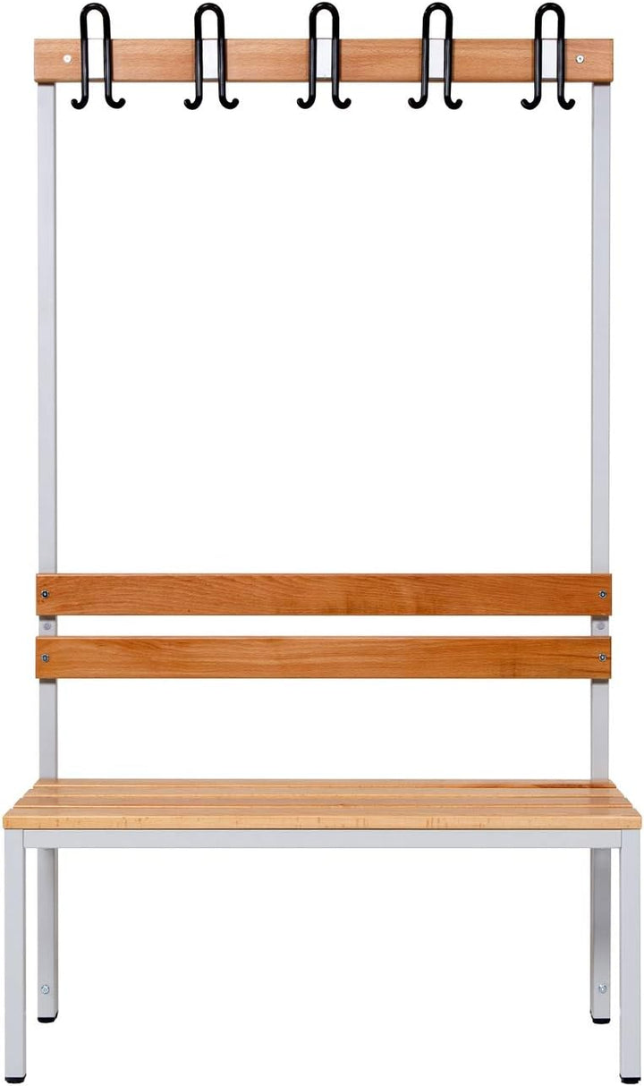 Furni24 Einseitige Umkleidesitzbank 100 x 43 x 170 cm mit 4 Füßen ohne Schuhrost, Garderobe mit lackierter Hartholz-Sitzbank und Stahlrahmen, Umkleidebank mit Hakenleiste, 5 Haken, TÜV/GS getestet