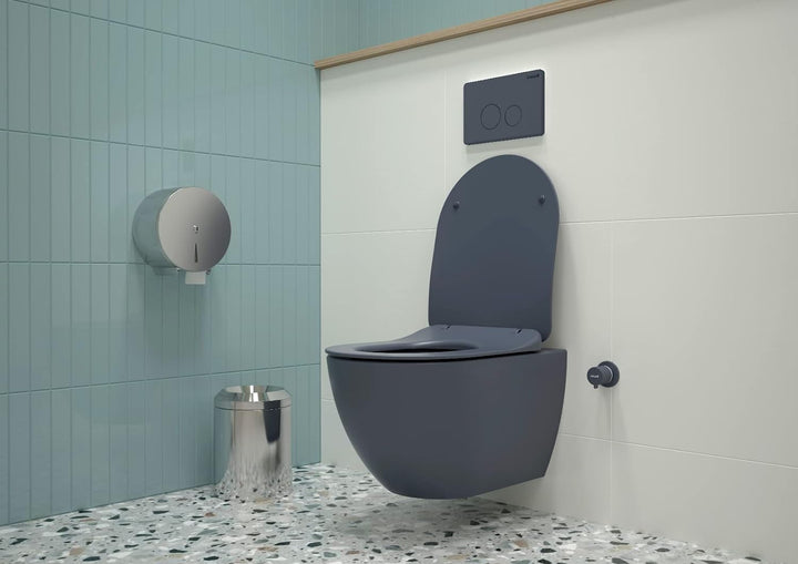 Furni24 Spülrandloses Wand-WC mit Toilettendeckel, Hänge-WC, Duroplast WC-Sitz mit Absenkautomatik, Tiefspüler spülrandlos mit waagerechtem Abgang, Keramik, Bautiefe ist 50cm,Tiefspüler Anthrazit matt