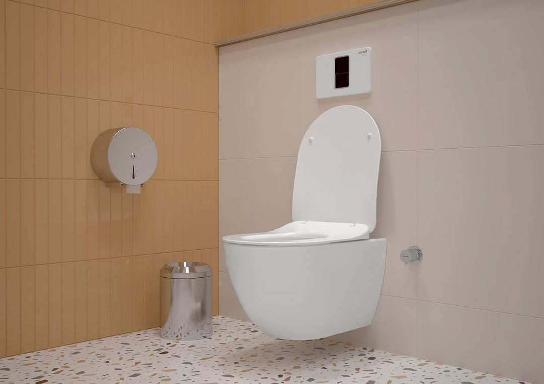 Furni24 Spülrandloses Wand-WC mit Toilettendeckel, Hänge-WC, Duroplast WC-Sitz mit Absenkautomatik, Tiefspüler spülrandlos mit waagerechtem Abgang, Keramik, Bautiefe ist 50cm, Tiefspüler weiß