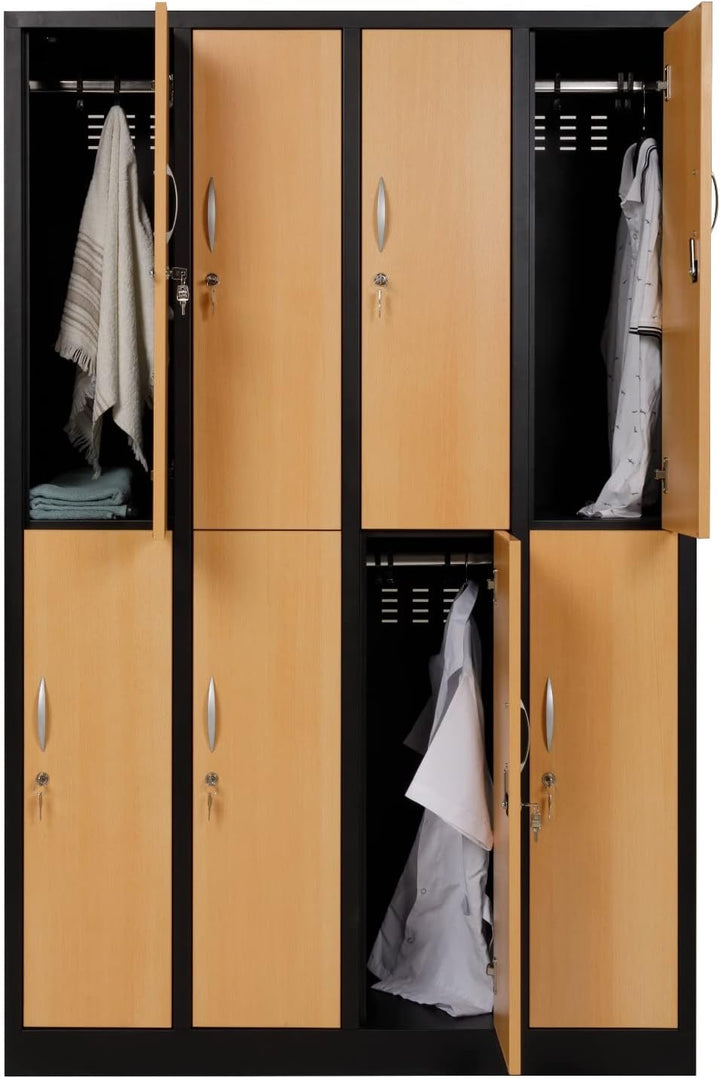 Furni24 Garderobenschrank Schließfach Spind Umkleideschrank Kleiderschrank Abteilbreite 30 cm 8-türig fertig montiert Verschiedene Ausführungen verfügbar, Schwarz / Buche Ral 9005