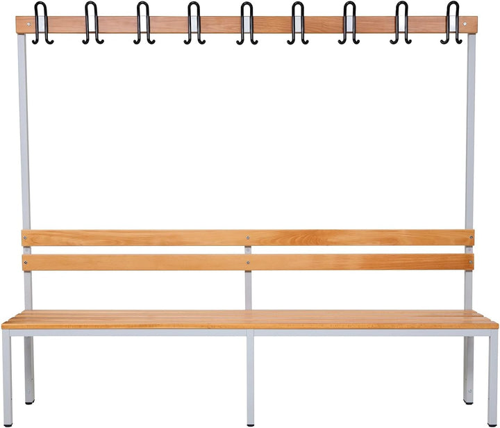 Furni24 Einseitige Umkleidesitzbank 200x43x170 cm mit 6 Füßen ohne Schuhrost, Garderobe mit lackierter Hartholz-Sitzbank und Stahlrahmen, Umkleidebank mit Hakenleiste, 9 Haken, TÜV/GS getestet