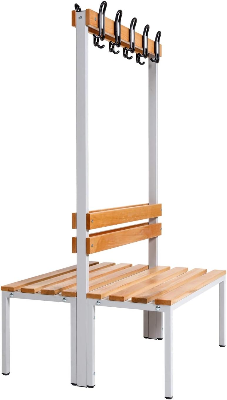 Furni24 Doppelseitige Umkleidesitzbank 150x43x170 cm mit 4 Füßen ohne Schuhrost, Garderobe mit lackierter Hartholz-Sitzbank und Stahlrahmen, Umkleidebank mit Hakenleiste, 14 Haken, TÜV/GS getestet