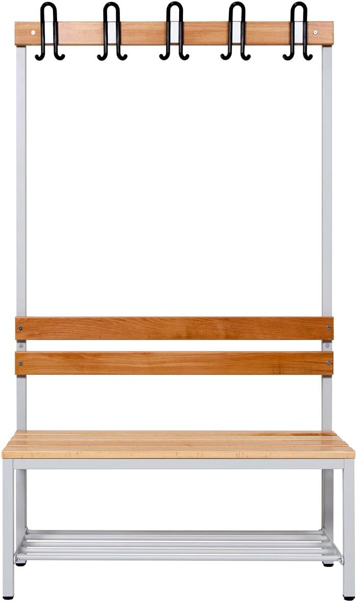 Furni24 Umkleidebank 100 cm x 170 cm x 43 cm Sitzbank Garderobensitzbank Sportraum Bank Buche Holz einseitig mit Garderobenhaken und Schuhrost/Schuhablage