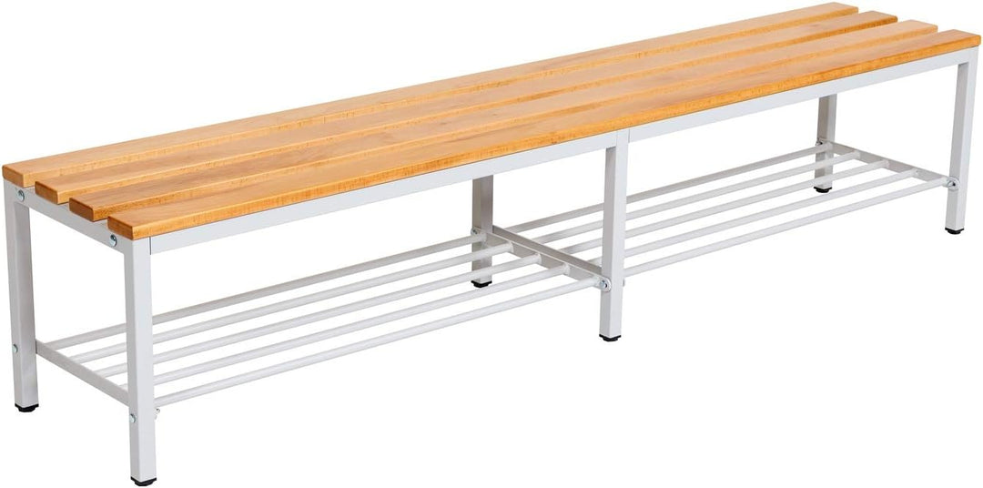 Furni24 Bank Umkleidebank, 200x42x40 cm, Sitzbank für Umkleideräume mit Schuhrost, Umkleidesitzbank, Umkleidebank, Garderobenbank, Sportbank, Bank mit Echtholz für Fitnessstudio