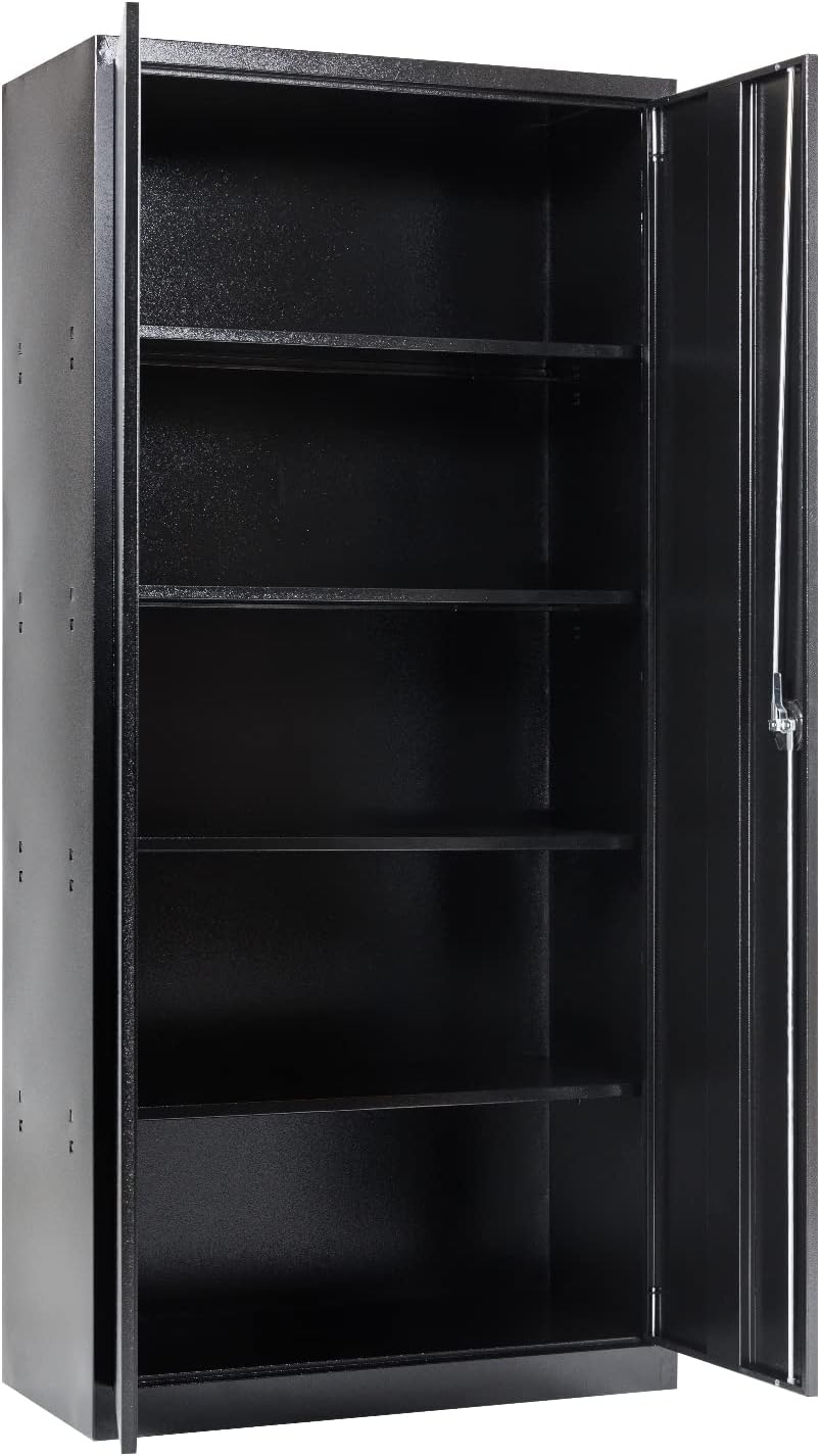 Furni24 Aktenschrank, fertig montiert, 180x80x38cm, Stahlflügeltürschrank Materialschrank, Abschließbarer Spind, Aktenschrank mit 5 Fächern, Werkzeugschrank, Mehrzweckschrank, Universalschrank,schwarz