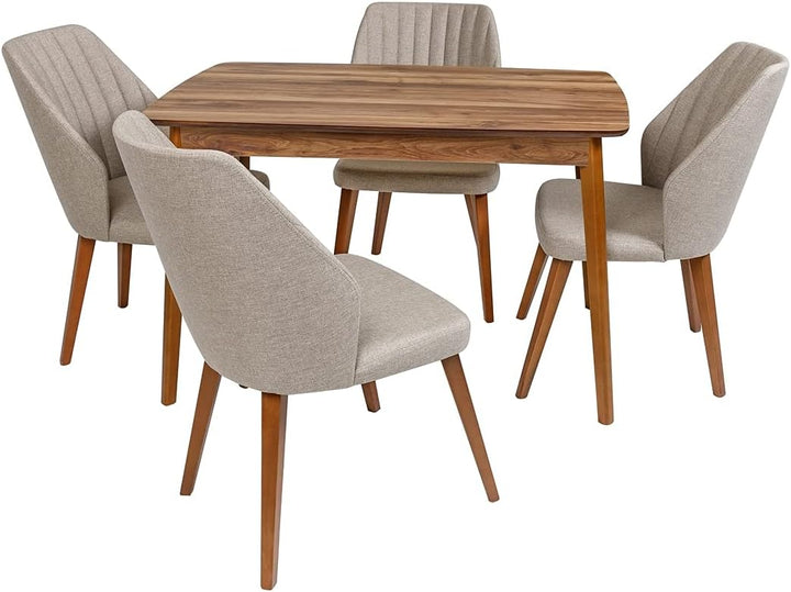 Furni24 4er Esstisch Set, Rechteckig Esstisch Küchentisch 4 Stühle Esszimmertisch Tisch mit Holzbein, Walnussfarbe 120x77x77 cm