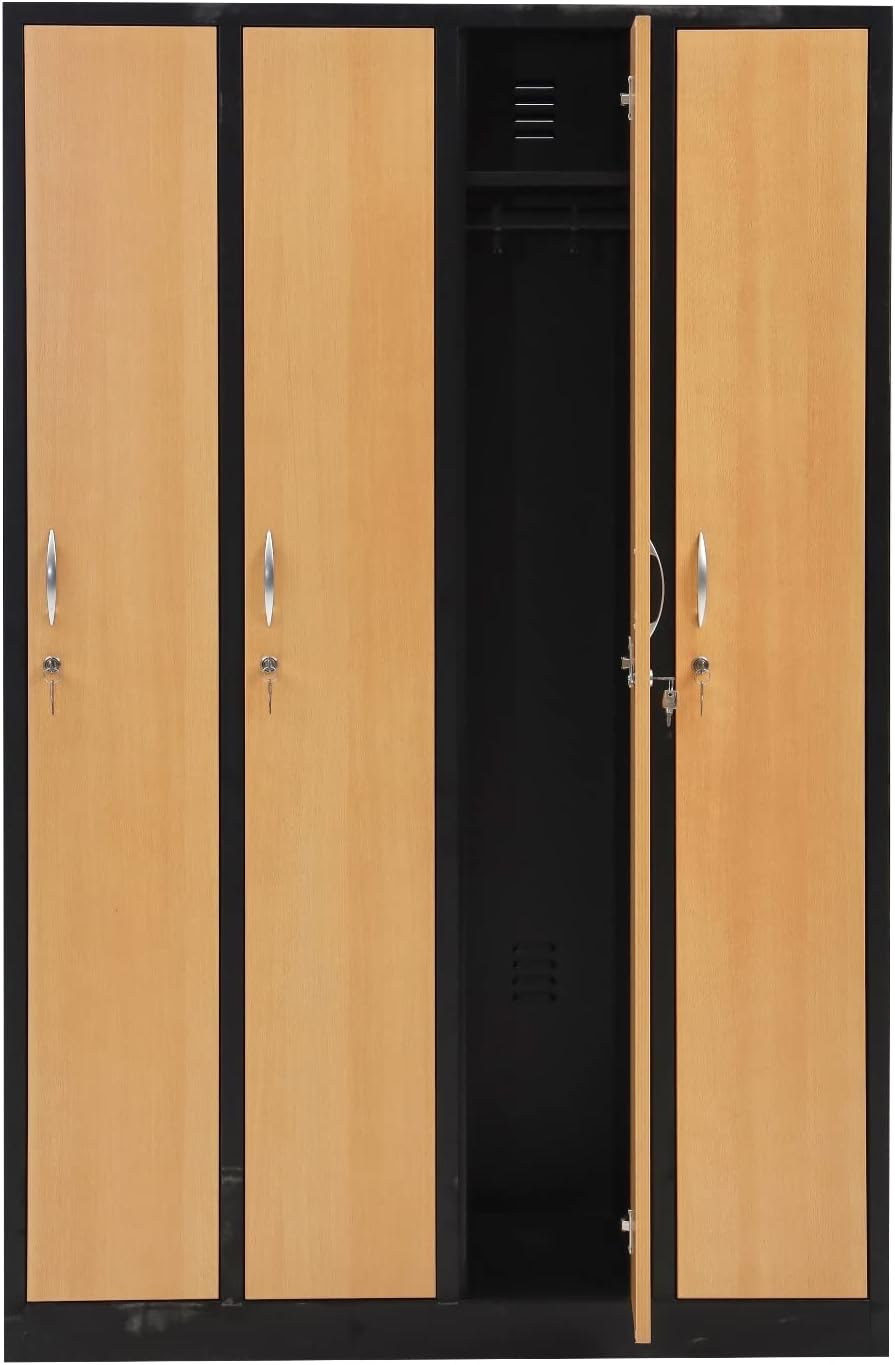 Furni24 Garderobenschrank 120x50x180 Garderobenspind Umkleidespind Spind Schrank Kleiderschrank Abschließbar schwarz/buche 4 türig 30cm Abteilbreite fertig montiert Verschiedene Ausführungen verfügbar