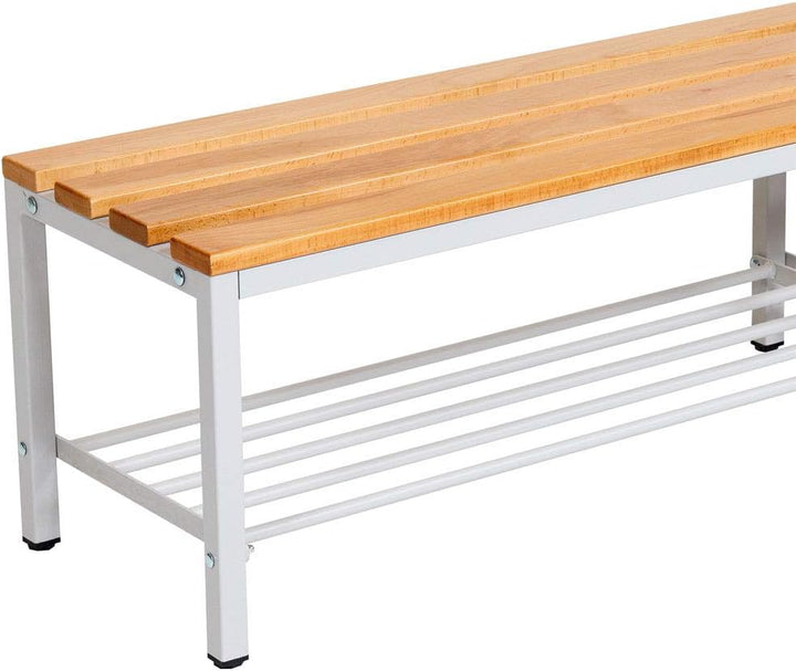 Furni24 Bank Umkleidebank, 200x42x40 cm, Sitzbank für Umkleideräume mit Schuhrost, Umkleidesitzbank, Umkleidebank, Garderobenbank, Sportbank, Bank mit Echtholz für Fitnessstudio