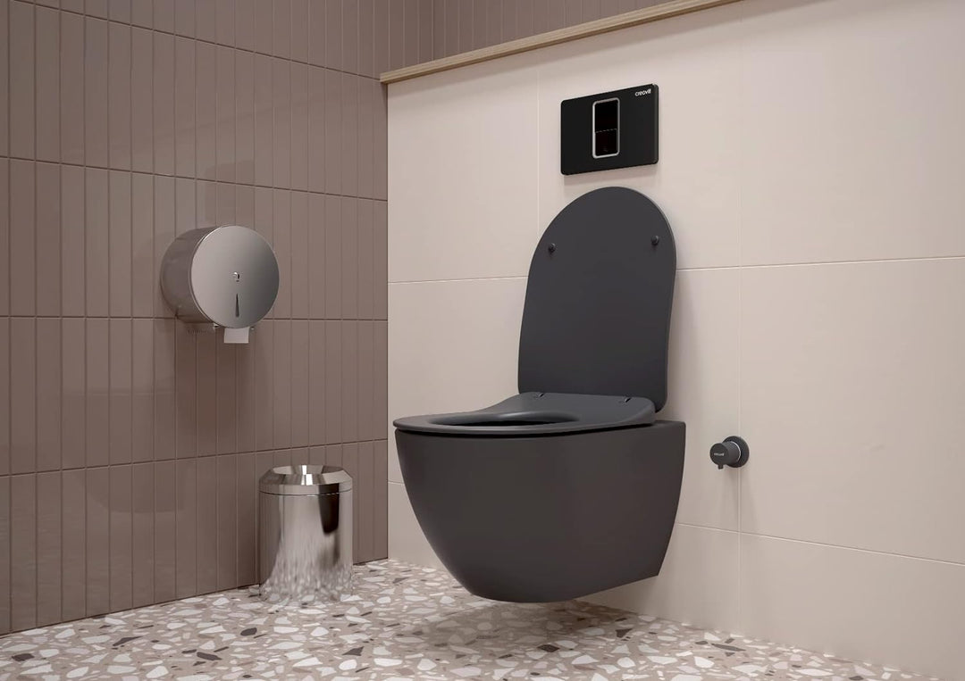 Furni24 Spülrandloses Wand-WC mit Toilettendeckel, Dusch-WC (Taharet), Hänge-WC, Duroplast WC-Sitz mit Absenkautomatik, Tiefspüler spülrandlos mit waagerechtem Abgang, Bautiefe ist 50cm,Anthrazit matt