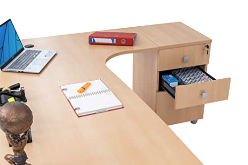 Winkelschreibtisch Dona, Holzfuss, Buche Dekor, 180 cm x 120 cm x 74 cm,  inkl. Beistellcontainer, rechts gewinkelt