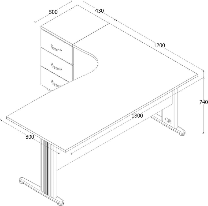 Winkelschreibtisch Dona, Saphir Eiche Dekor, 180 cm x 120 cm x 74 cm, inkl. Beistellcontainer, links gewinkelt
