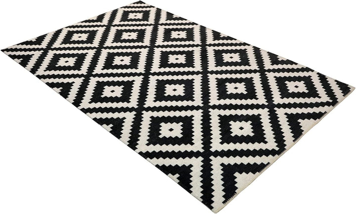 Furni24 Home Teppich Läufer - Tepiche für Wohnzimmer, Schlafzimmer, Küche, Kinderzimmer, Badezimmer - Kelim Teppiche - Läufer Flur Teppich Weiß-schwarz, Größe: 120x180 cm