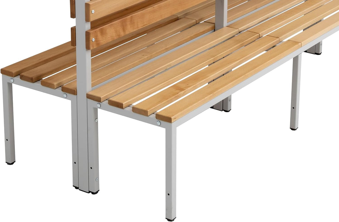 Furni24 Doppelseitige Umkleidesitzbank 200x43x170 cm mit 6 Füßen ohne Schuhrost, Garderobe mit lackierter Hartholz-Sitzbank und Stahlrahmen, Umkleidebank mit Hakenleiste, 18 Haken, TÜV/GS getestet