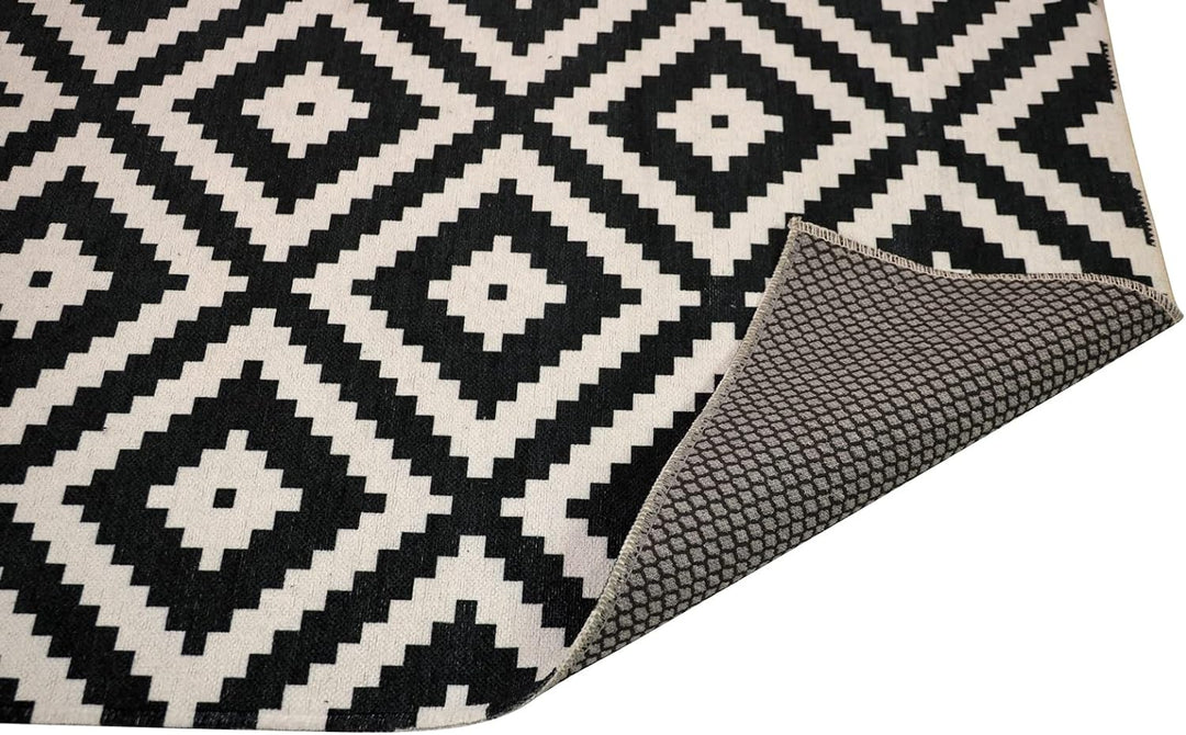Furni24 Home Teppich Läufer - Tepiche für Wohnzimmer, Schlafzimmer, Küche, Kinderzimmer, Badezimmer - Kelim Teppiche - Läufer Flur Teppich Weiß-schwarz, Größe: 120x180 cm