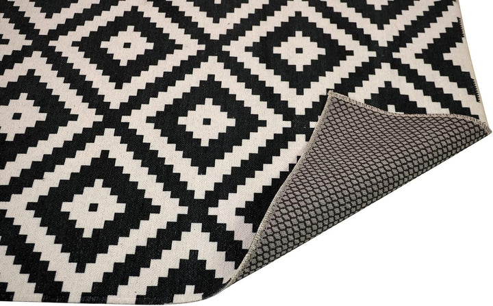 Furni24 Home Teppich Läufer - Tepiche für Wohnzimmer, Schlafzimmer, Küche, Kinderzimmer, Badezimmer - Kelim Teppiche - Läufer Flur Teppich Weiß-schwarz, Größe: 120x180 cm