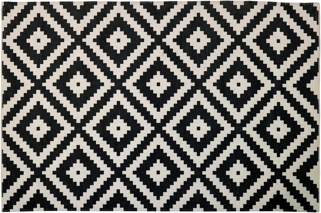 Furni24 Home Teppich Läufer - Tepiche für Wohnzimmer, Schlafzimmer, Küche, Kinderzimmer, Badezimmer - Kelim Teppiche - Läufer Flur Teppich Weiß-schwarz, Größe: 120x180 cm