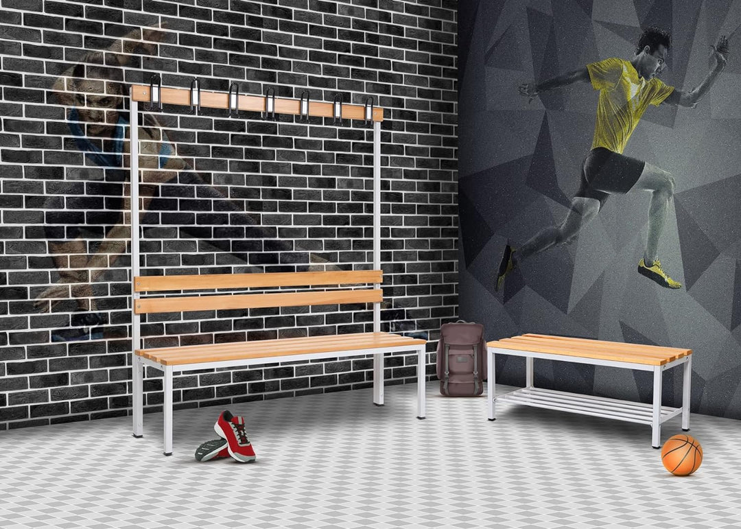 Furni24 Umkleidebank 200 cm x 170 cm x 43 cm Sitzbank Garderobenbank Sportbank einseitig mit Garderobenhaken und Schuhrost
