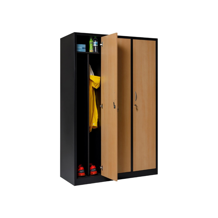 Garderobenschrank Abteilbreite 40 cm ganze Türen mit schwarz/weiß Trennung, 180 cm x 120 cm x 50 cm / schwarz / Buche RAL 9005