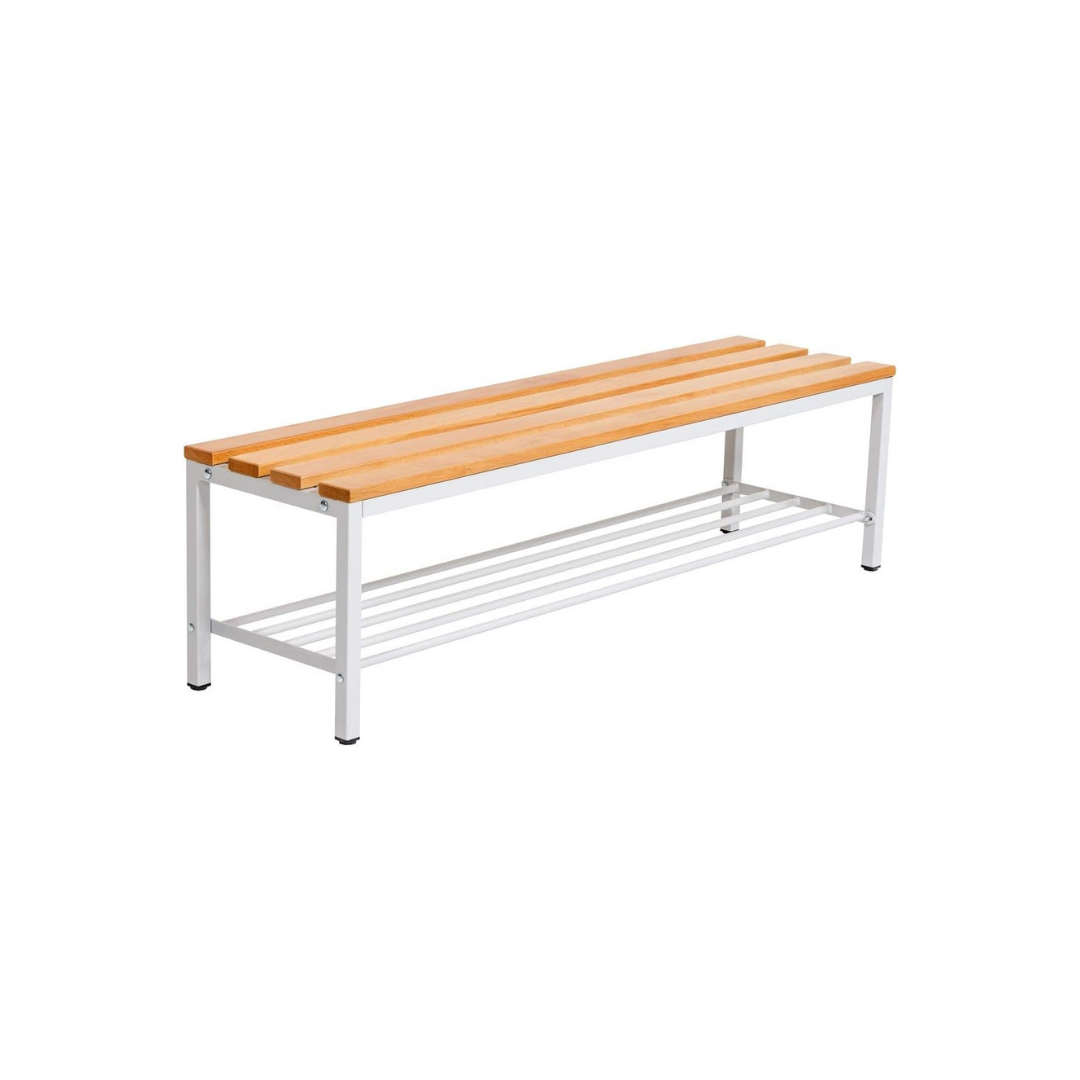 Furni24 Bank Umkleidebank, 150x42x40 cm, Sitzbank für Umkleideräume mit Schuhrost, Umkleidesitzbank, Umkleidebank, Garderobenbank, Sportbank, Bank mit Echtholz für Fitnessstudio