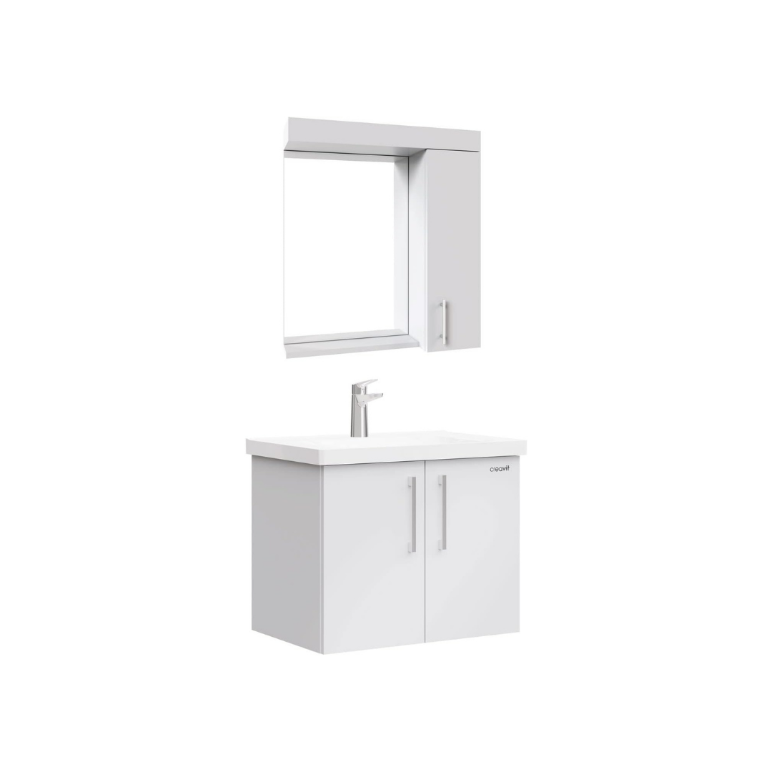 Badmöbel Set 1, 65 cm Waschbecken weiß inkl. Wassermischer, Waschtisch-Unterschrank, LED-Spiegelschrank