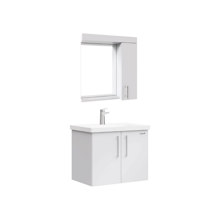 Badmöbel Set 1, 65 cm Waschbecken weiß inkl. Wassermischer, Waschtisch-Unterschrank, LED-Spiegelschrank