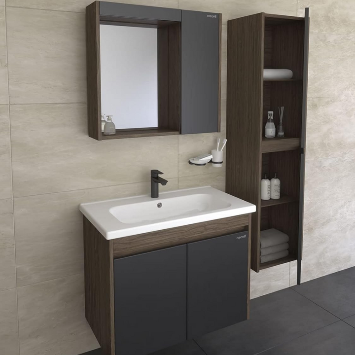 Furni24 Badezimmer Badmöbel Set 60 cm Anthrazit -Waschbecken 60cm Keramik- Unterschrank Waschtisch Möbel, LED-Hintergrundbeleuchtung, einschließlich Waschtischmischer und Wasserhahn-Sets