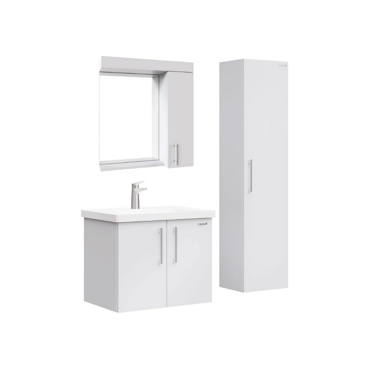 Furni24 Badezimmer Badmöbel Set 65 cm Weiß -Waschbecken 65cm Keramik- Unterschrank Hochschrank Waschtisch Möbel - einschließlich Waschtischmischer und Wasserhahn-Sets