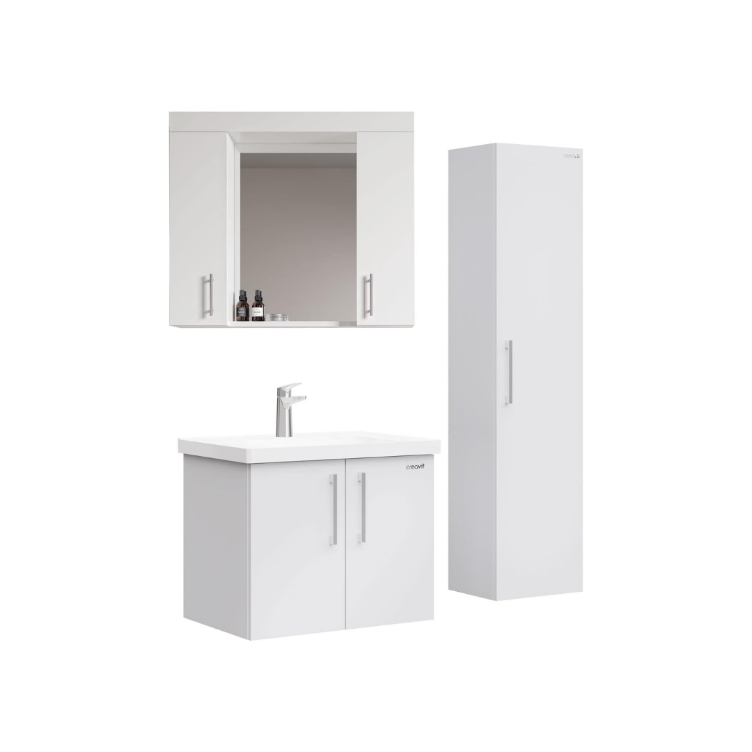 Furni24 Badezimmer Badmöbel Set 85 cm Weiß -Waschbecken 85cm Keramik- Unterschrank Hochschrank Waschtisch Möbel - einschließlich Waschtischmischer und Wasserhahn-Sets